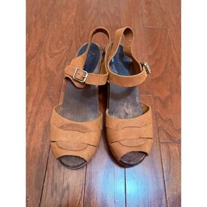 Swedish Wooden Clogs Tan Leather Peep Toe Platform Sandals EU 42 Brown Boho